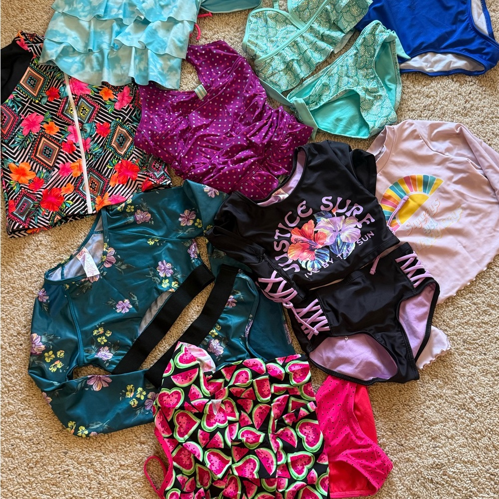 14 piece girls swim lot! Size 7-8- one pieces, bikinis, and rash guards!